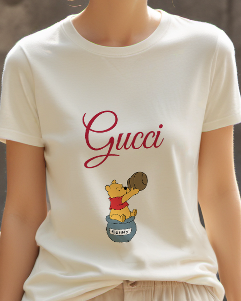 Beige Winnie The Pooh Holding Honey Pot Graphic T-Shirt - model wearing view