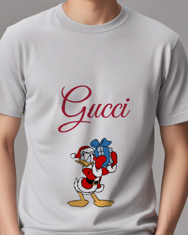 Light Gray Donald Duck In Santa Outfit Holding Gift Graphic T-Shirt - model wearing view