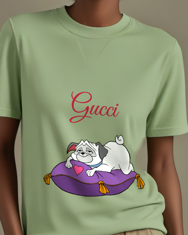 Sage Green Pug Dog Resting On Cushion Graphic T-Shirt - model wearing view