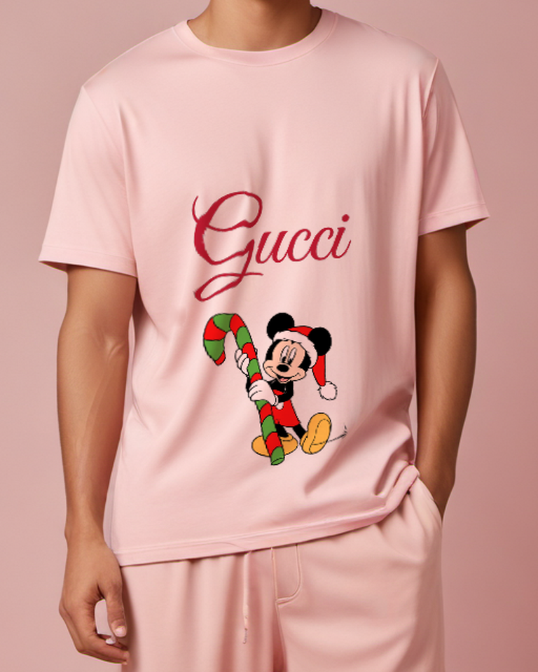 Blush Pink Mickey Mouse Holds Giant Candy Cane Graphic T-Shirt - model wearing view