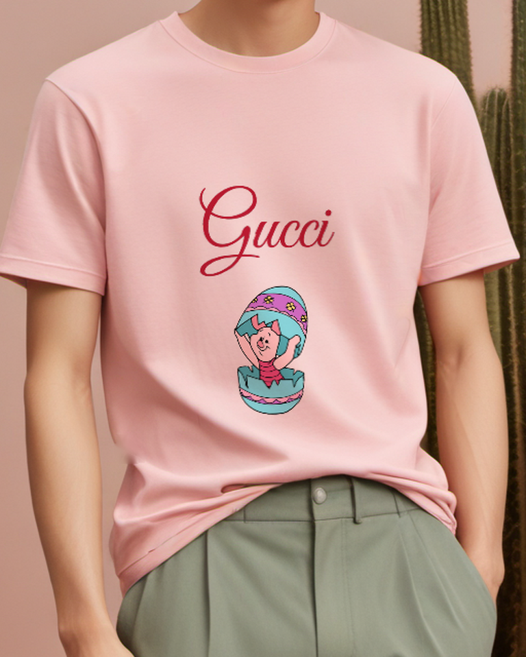 Blush Pink Piglet Emerging From Easter Egg Graphic T-Shirt - model wearing view