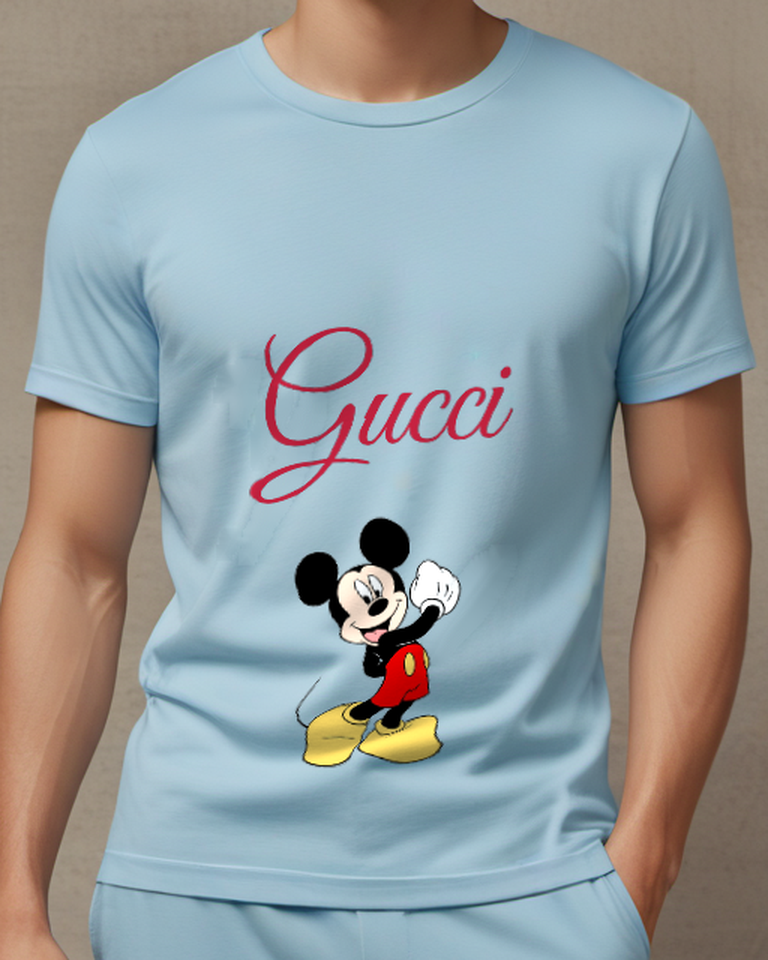 Sky Blue Mickey Mouse Waving Cheerfully Graphic T-Shirt - model wearing view