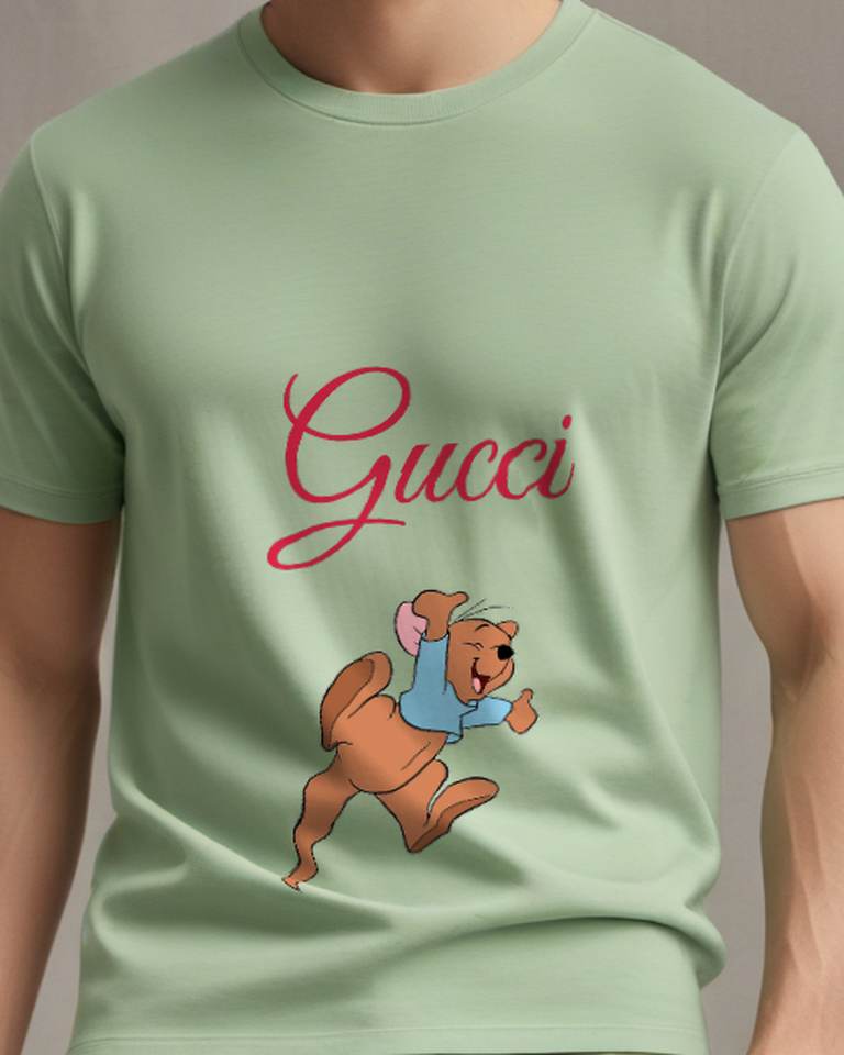 Sage Green Brown Bear Blue Scarf Graphic T-Shirt - model wearing view