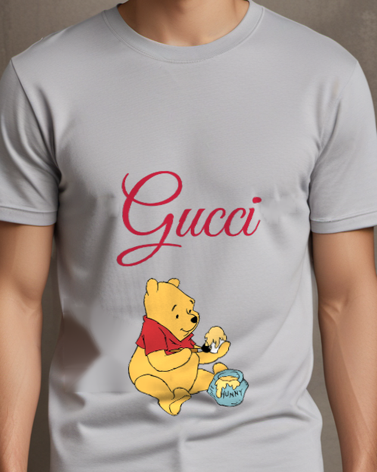 Light Gray Winnie The Pooh Sitting Eating Honey Graphic T-Shirt - model wearing view