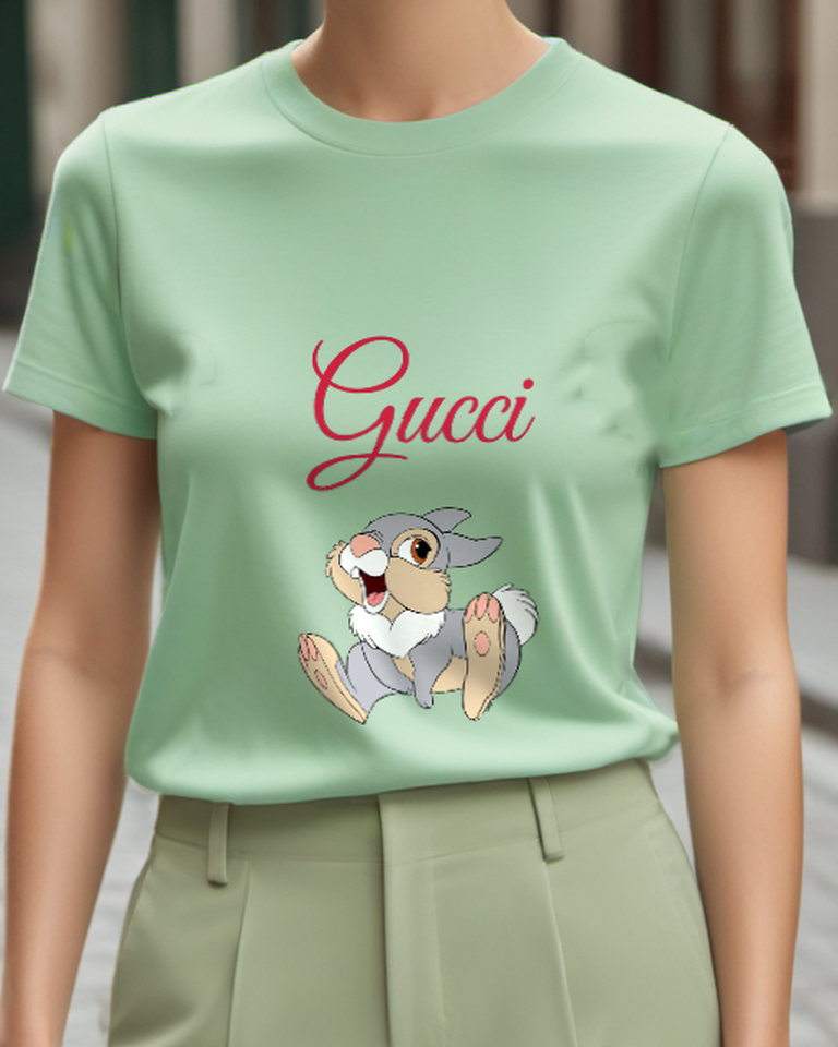Sage Green Rabbit Big Feet Laugh Graphic T-Shirt - model wearing view