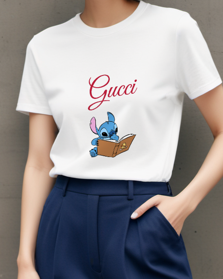 White Blue Alien Reading Open Book Graphic T-Shirt - model wearing view