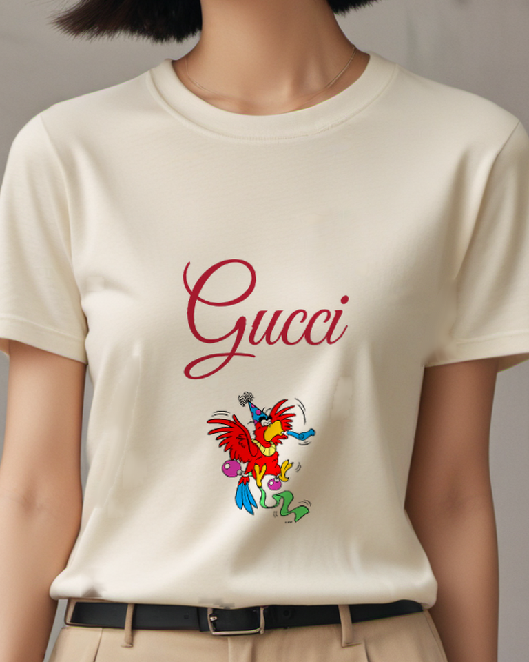 Ivory Red Parrot Partying With Hat And Horn Graphic T-Shirt - model wearing view