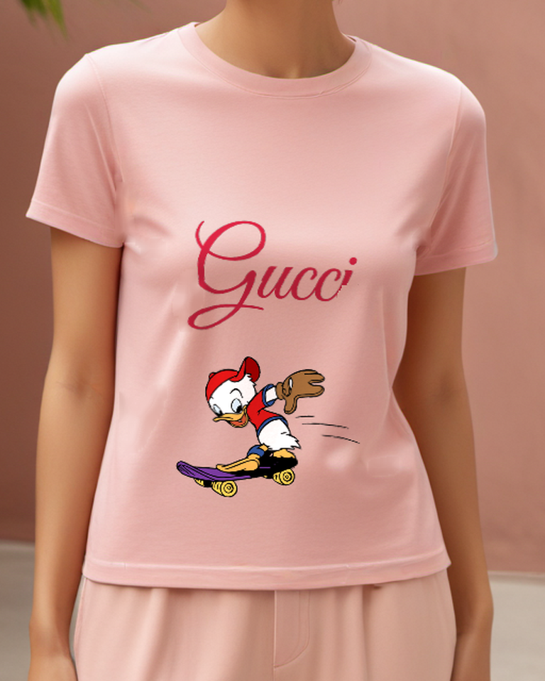 Blush Pink Donald Duck Skateboarding Crew Neck Graphic T-Shirt - model wearing view