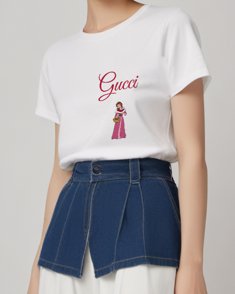 White Cartoon Woman Holding Basket Graphic T-Shirt - model wearing view