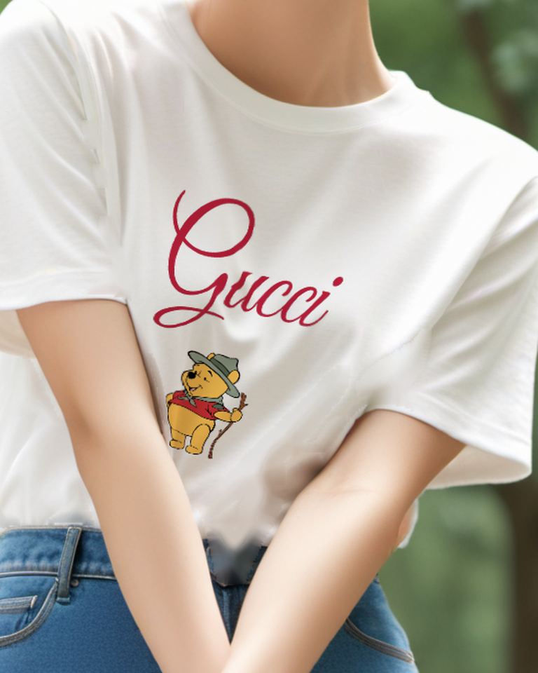 White Winnie The Pooh Hiking With Stick Graphic T-Shirt - model wearing view