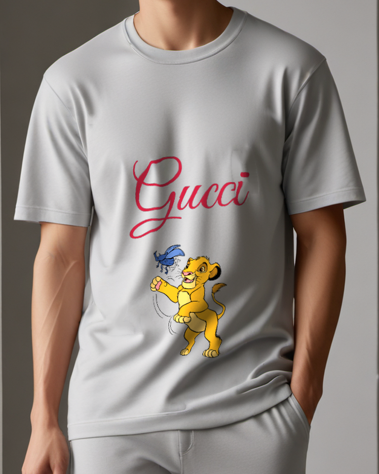 Gray Lion Cub Blue Bird Graphic T-Shirt - model wearing view
