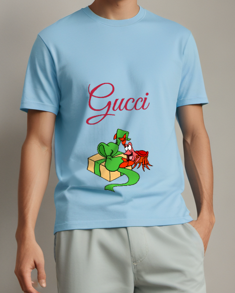 Sky Blue Red Bird Wrapped Gift Graphic T-Shirt - model wearing view