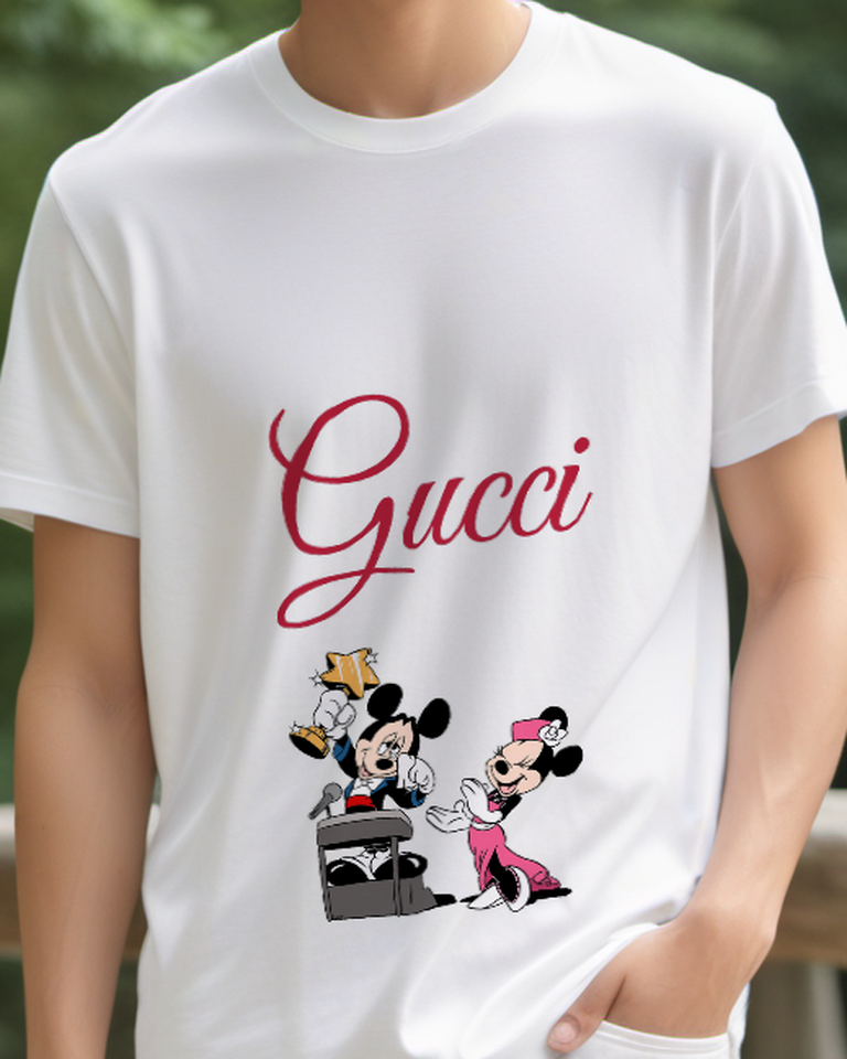Light Gray Mickey Mouse Holds Trophy Minnie Applauds Graphic T-Shirt - model wearing view
