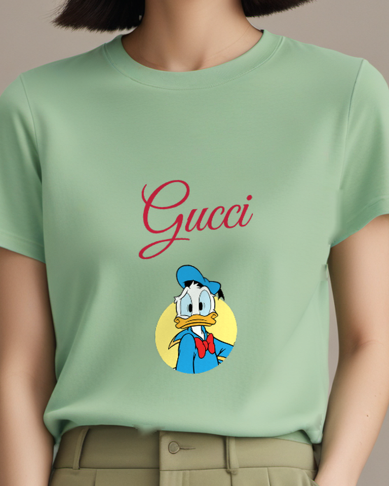 Sage Green Donald Duck Stern Blue Outfit Graphic T-Shirt - model wearing view
