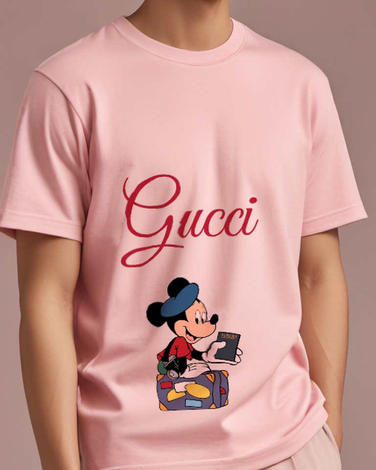 Blush Pink Mickey Mouse Holding Passport Graphic T-Shirt - model wearing view
