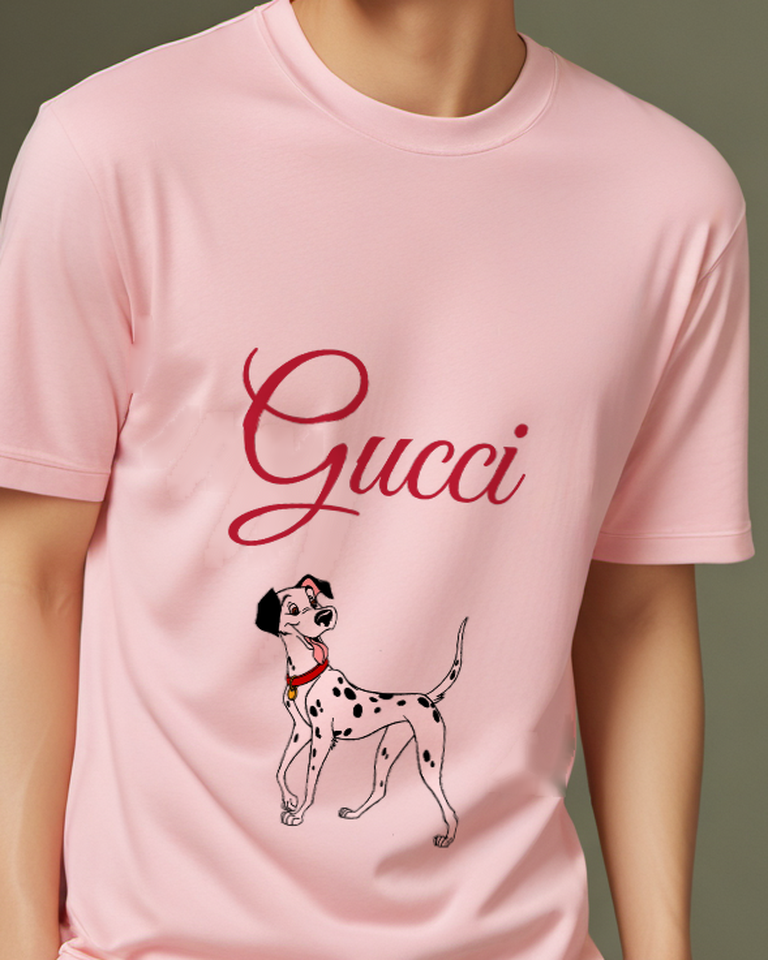 Blush Pink Dalmatian Dog Standing Alert Graphic T-Shirt - model wearing view
