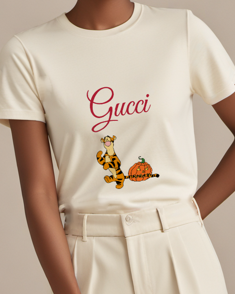 Ivory Tiger Beside Carved Pumpkin Graphic T-Shirt - model wearing view