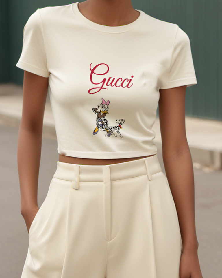 Ivory Daisy Duck With Spotted Dog Graphic T-Shirt - model wearing view