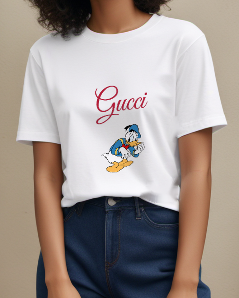 White Donald Duck Leaning Forward Hand On Chin Graphic T-Shirt - model wearing view