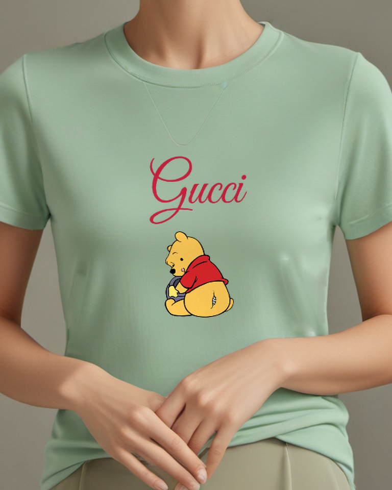 Sage Green Winnie The Pooh Sitting Back To Camera Graphic T-Shirt - model wearing view