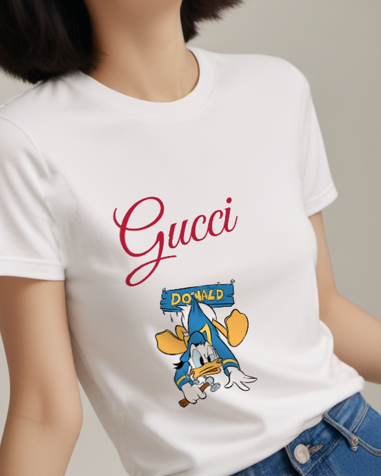White Donald Duck Upside Down With Hammer Graphic T-Shirt - model wearing view