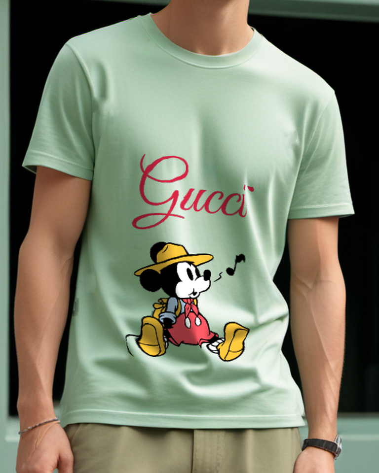 Sage Green Seated Mouse Straw Hat Graphic T-Shirt - model wearing view