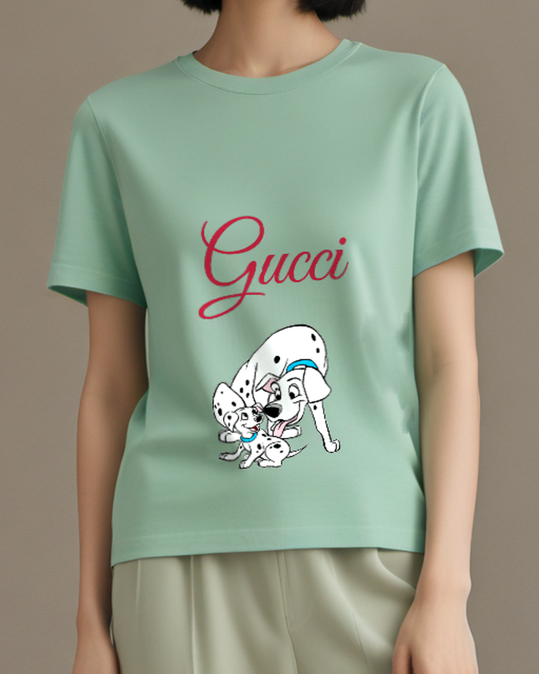 Sage Green Perdita Puppy With Adult Dog Graphic T-Shirt - model wearing view