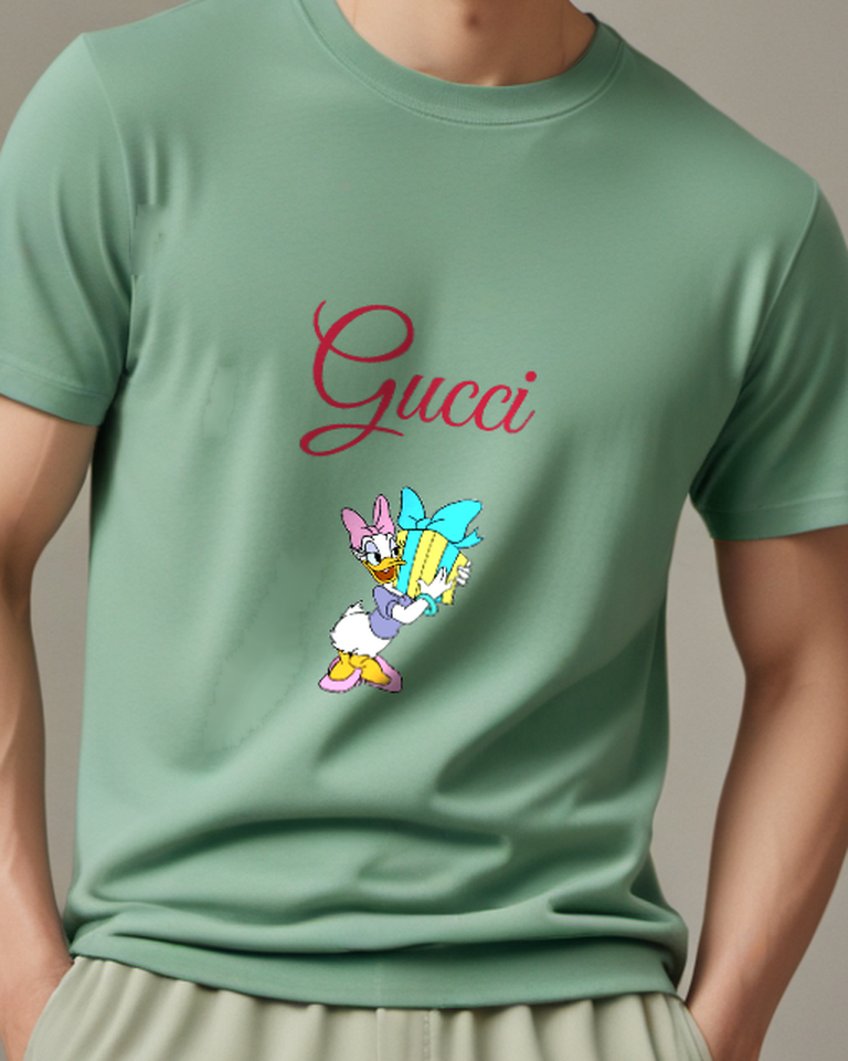 Sage Green Daisy Duck Holding Gift Box Graphic T-Shirt - model wearing view