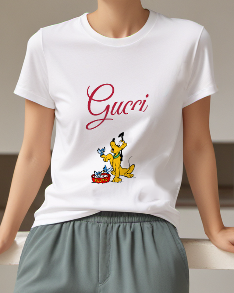 White Yellow Dog With Black Ears Graphic T-Shirt - model wearing view