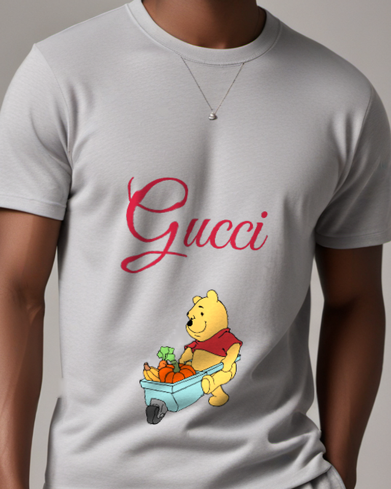 Light Gray Winnie The Pooh Pushing Cart Graphic T-Shirt - model wearing view