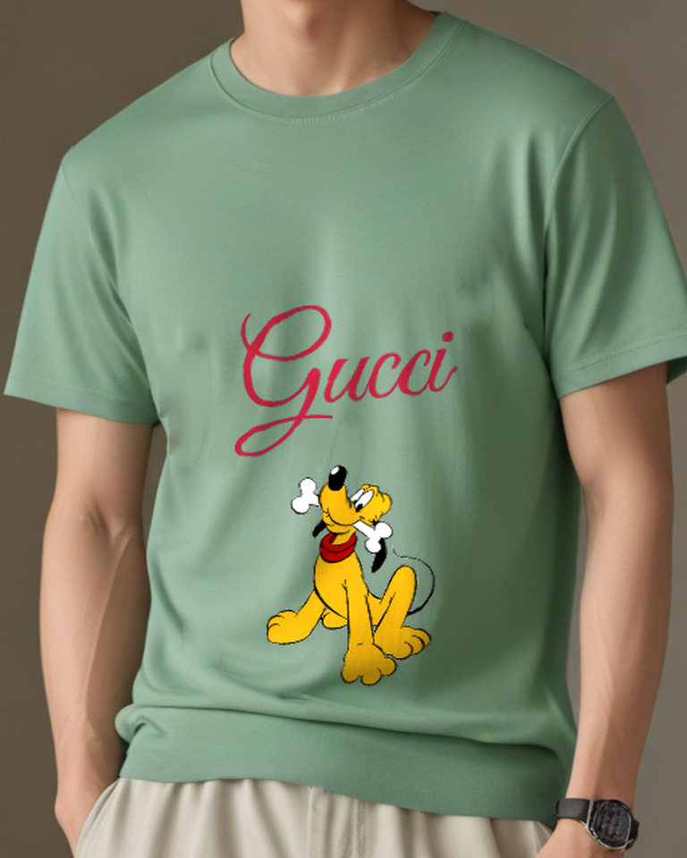 Sage Green Pluto Sitting With Bone In Mouth Graphic T-Shirt - model wearing view
