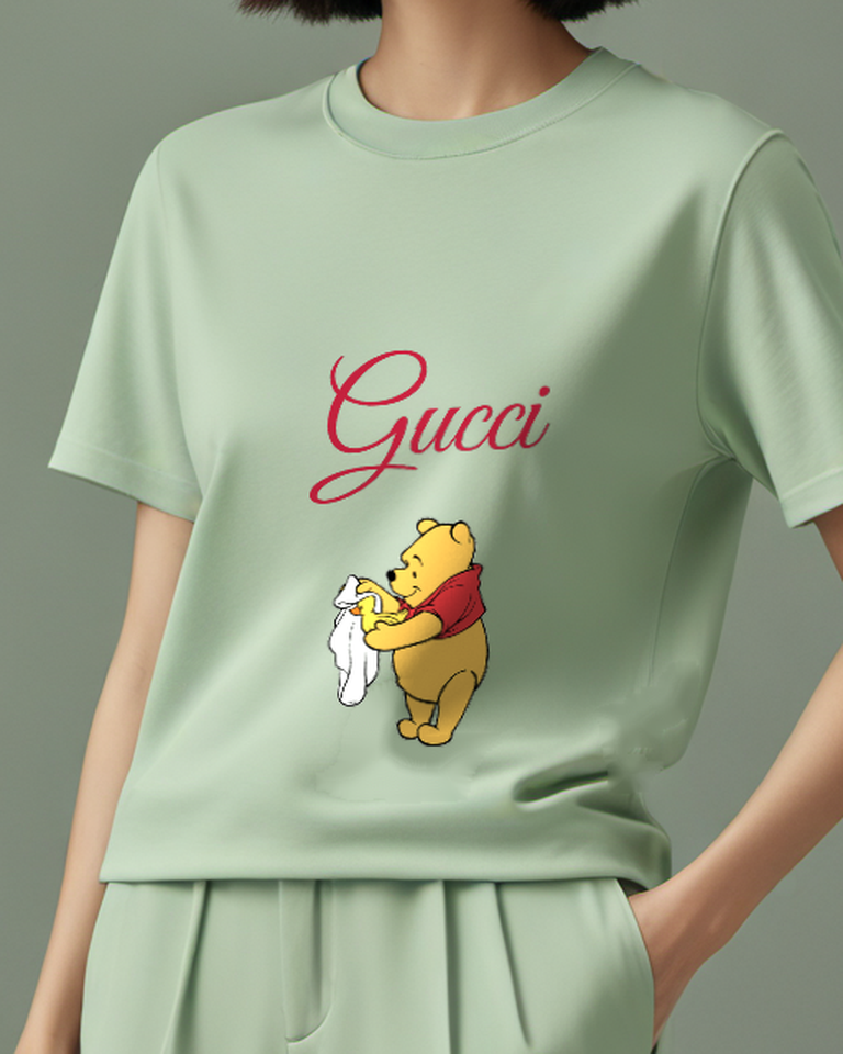 Sage Green Winnie The Pooh Holds Duckling In Towel Graphic T-Shirt - model wearing view