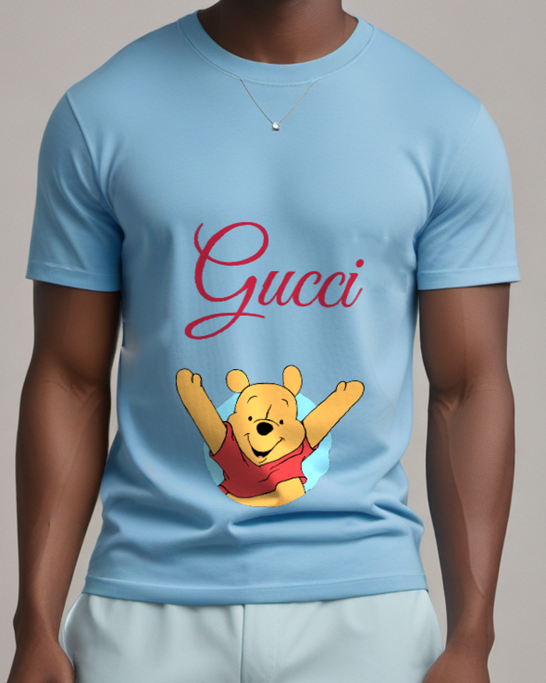 Sky Blue Arms Raised Yellow Bear Graphic T-Shirt - model wearing view