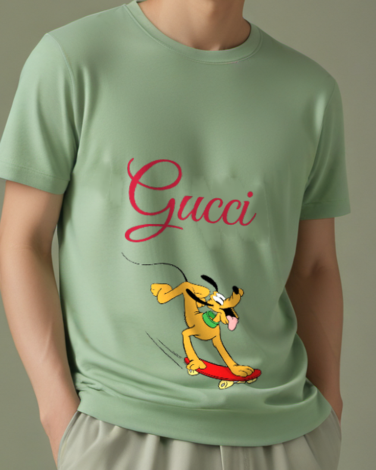 Sage Green Skateboarding Yellow Dog Graphic T-Shirt - model wearing view