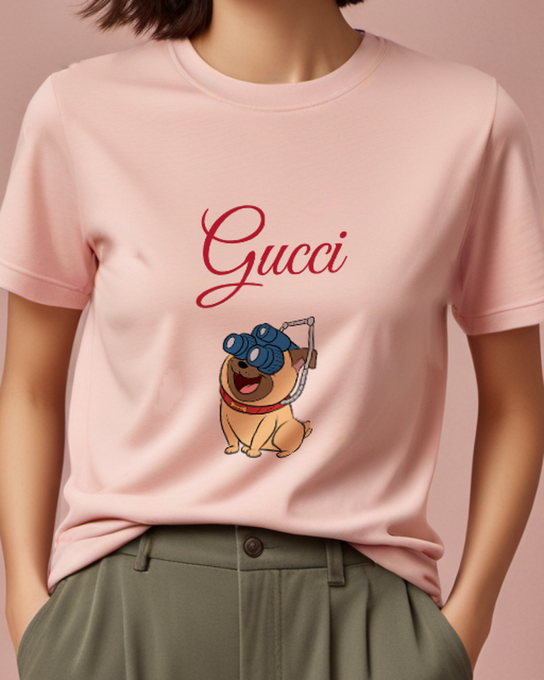 Blush Pink Pug Dog Wearing Binoculars Graphic T-Shirt - model wearing view