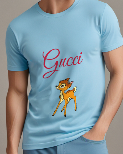 Sky Blue Young Deer Standing On Legs Graphic T-Shirt - model wearing view