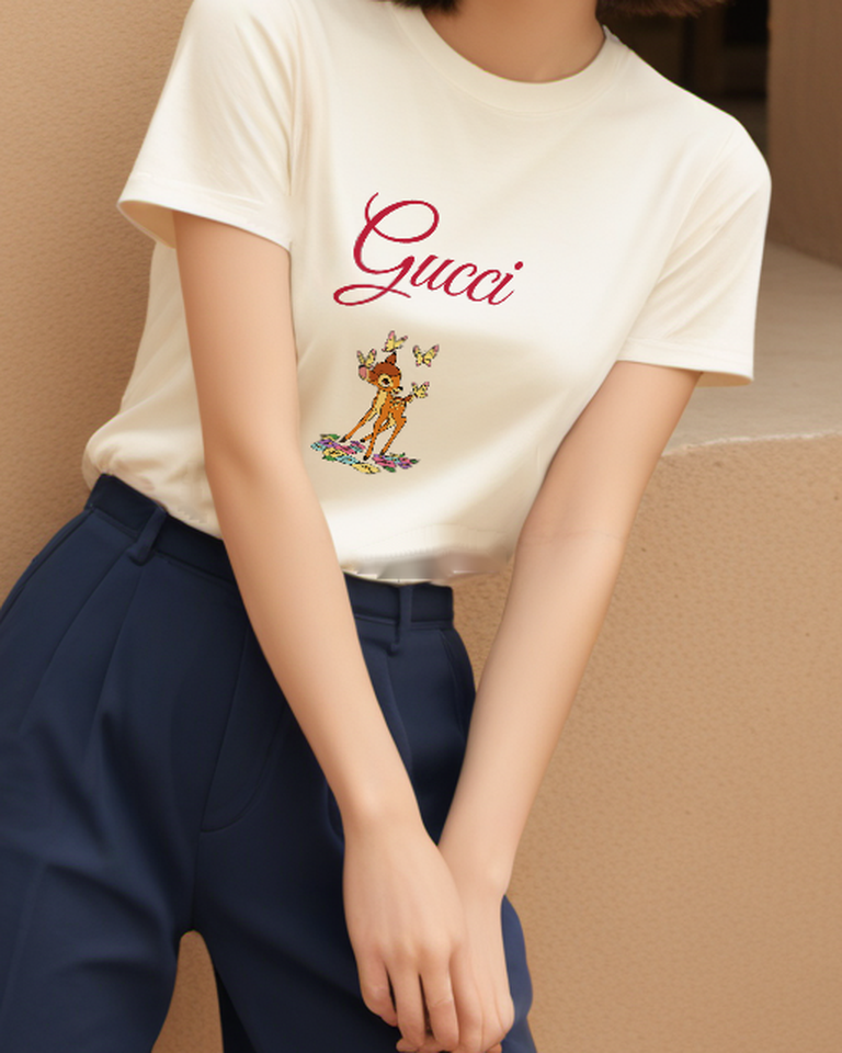 Ivory Fawn And Butterflies Graphic T-Shirt - model wearing view