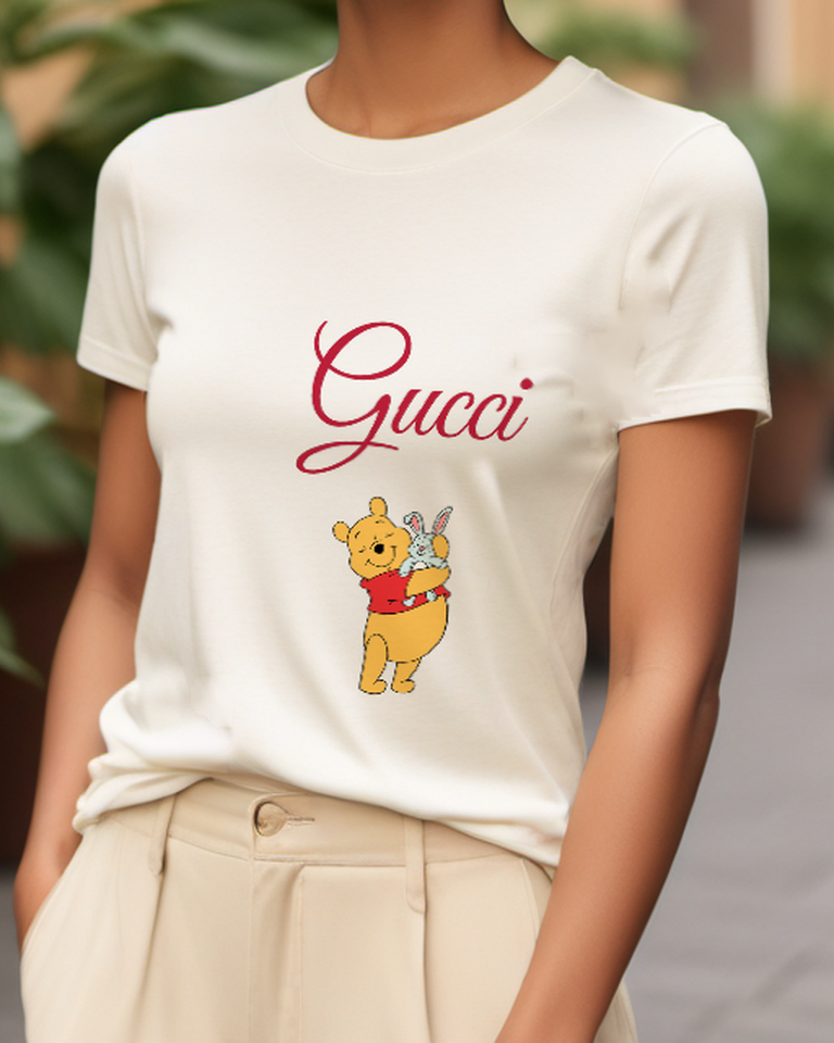 White Winnie The Pooh Holding A Rabbit Graphic T-Shirt - model wearing view