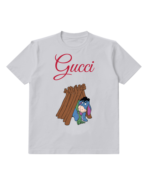 Light Gray Eeyore Crouching Under Wooden Shelter Graphic T-Shirt - front product view
