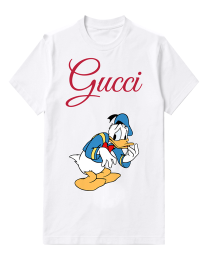 White Donald Duck Leaning Forward Hand On Chin Graphic T-Shirt - front product view
