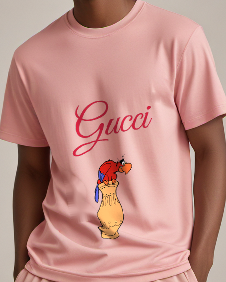 Blush Pink Red Parrot Peanut Shell Graphic T-Shirt - model wearing view