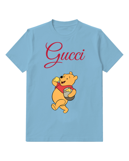 Sky Blue Seated Bear Red Shirt Graphic T-Shirt - front product view