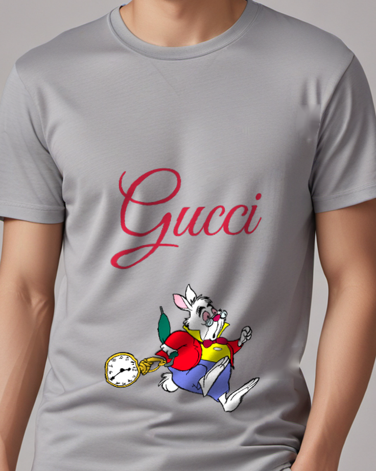 Gray White Rabbit Running With Pocket Watch Graphic T-Shirt - model wearing view