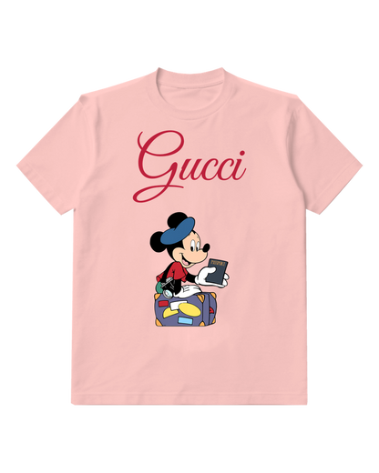 Blush Pink Mickey Mouse Holding Passport Graphic T-Shirt - front product view