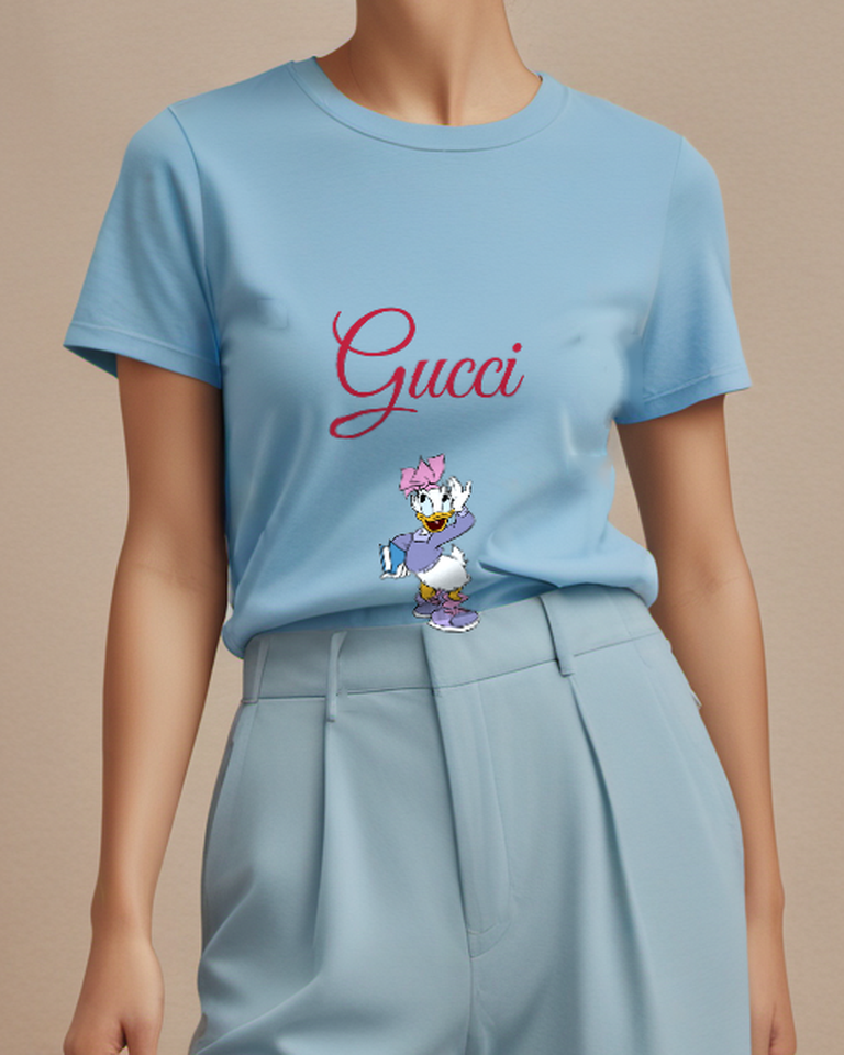 Sky Blue Daisy Duck Waving With Book Graphic T-Shirt - model wearing view