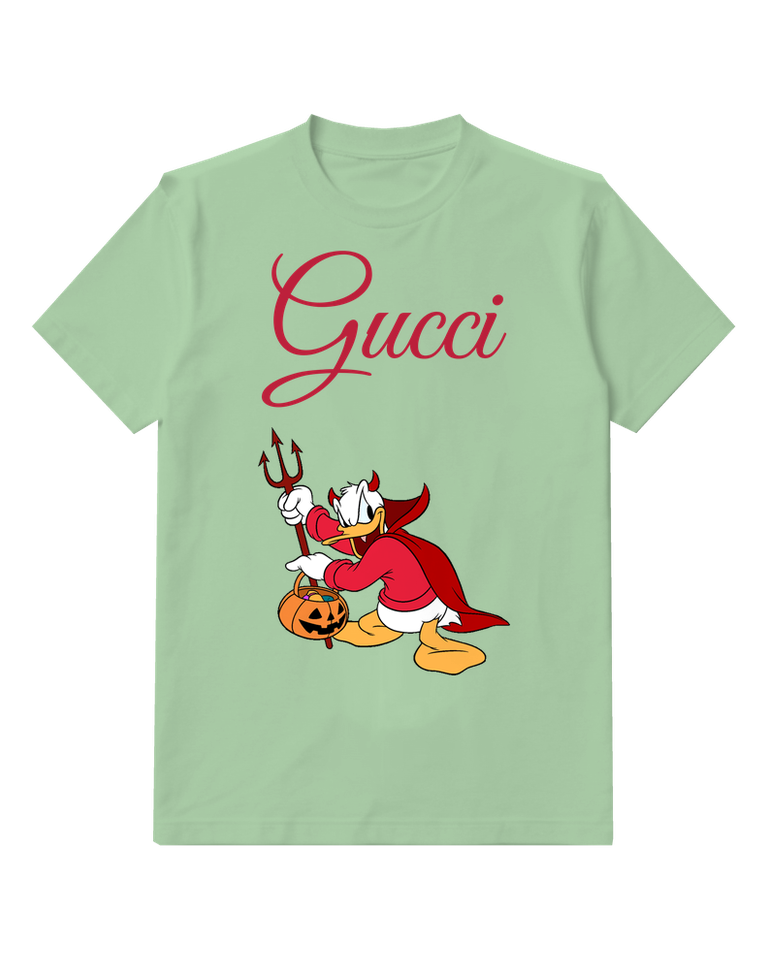 Sage Green Donald Duck In Devil Costume Holding Trident And Pumpkin Graphic T-Shirt - front product view