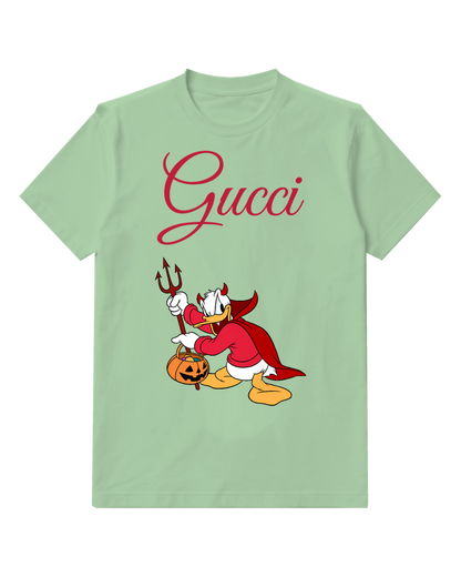 Sage Green Donald Duck In Devil Costume Holding Trident And Pumpkin Graphic T-Shirt - front product view