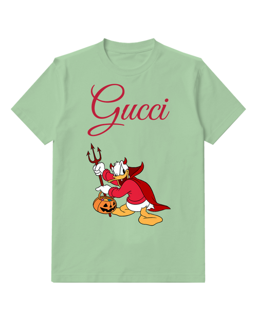 Sage Green Donald Duck In Devil Costume Holding Trident And Pumpkin Graphic T-Shirt - front product view