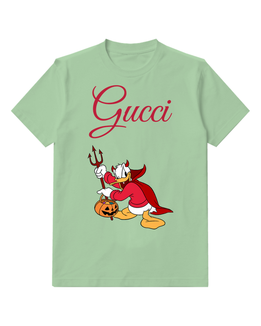 Sage Green Donald Duck In Devil Costume Holding Trident And Pumpkin Graphic T-Shirt - front product view