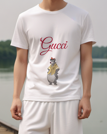 Light Gray Baloo Standing Wearing Cap And Coat Graphic T-Shirt - model wearing view